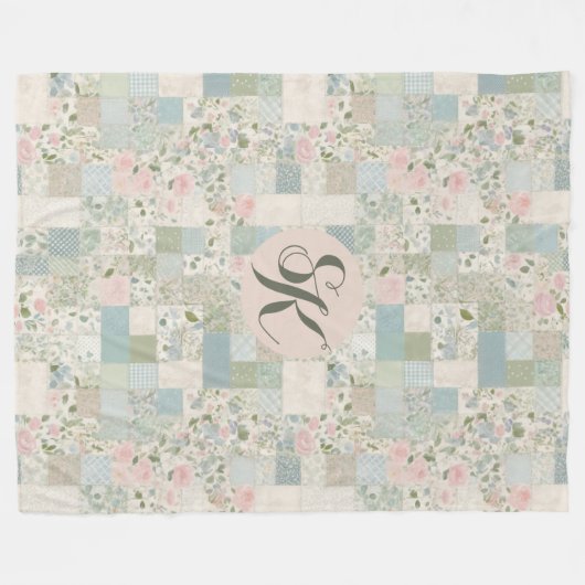 Mint patchwork monogram fleece deken (Voorkant (Horizontaal))