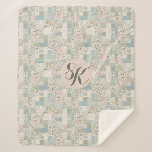 Mint patchwork monogram sherpa deken (Voorkant)