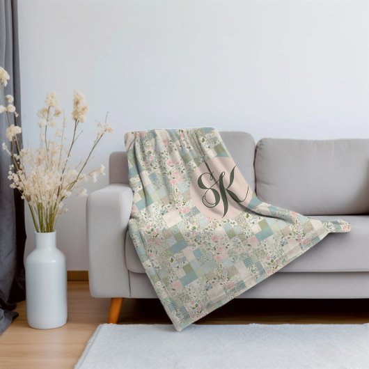 Mint patchwork monogram sherpa deken