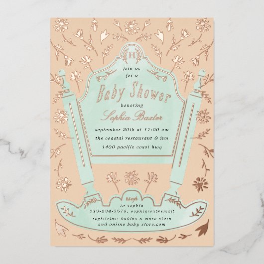 Mint Peach Antiek Cradle Baby shower Roos Gold Folie Uitnodiging (Voorkant)