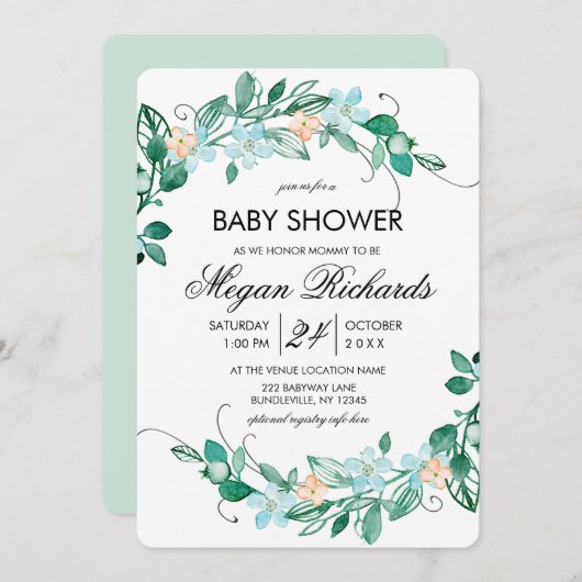 Mint Peach Bloemenkrans Baby shower Uitnodiging (Voorkant / Achterkant)