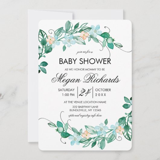 Mint Peach Bloemenkrans Baby shower Uitnodiging (Voorkant)