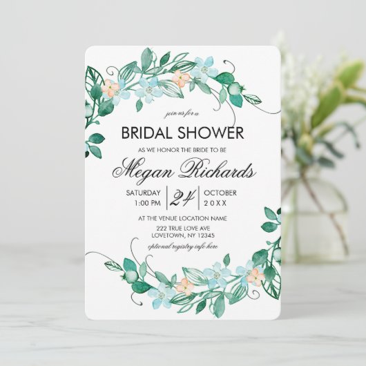 Mint Peach Bloemenkrans Bruids Douche Uitnodiging (Staand voorkant)