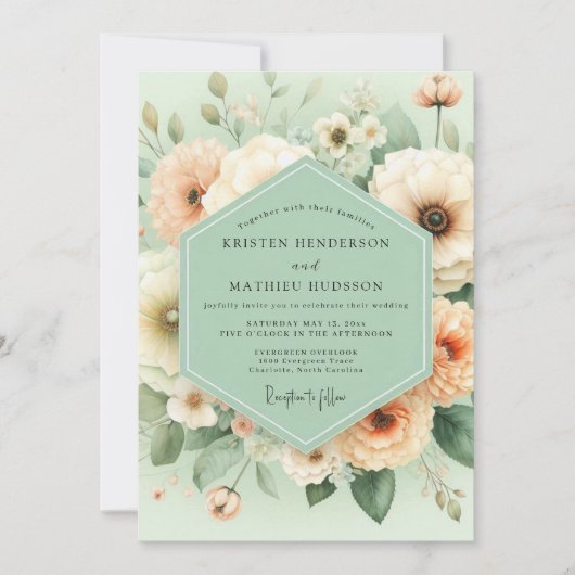 Mint Peach Blossom Elegance Wedding Kaart (Voorkant)