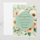 Mint Peach Blossom Elegance Wedding Kaart (Voorkant / Achterkant)