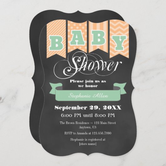 Mint Peach Chalkboard Flag Baby shower Uitnodigen Kaart (Voorkant / Achterkant)