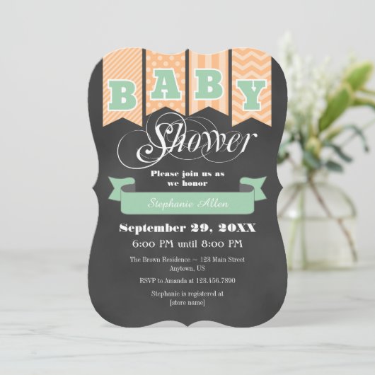 Mint Peach Chalkboard Flag Baby shower Uitnodigen Kaart (Staand voorkant)