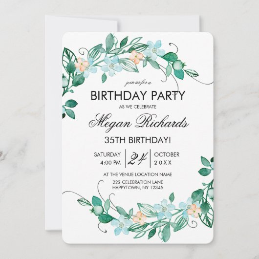Mint Peach Floral Wreath verjaardagsfeestje uitnod Kaart (Voorkant)