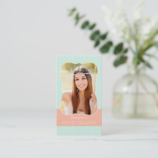 Mint Peach Greek Key Senior Rep Marketing Contactkaartje (Staand voorkant)