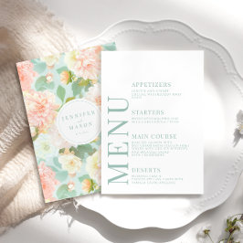 Mint Peach Peony Floral Wedding Menu Kaarten
