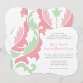 Mint Peach roze en Grey Damask Wedding Invitation Kaart (Voorkant / Achterkant)