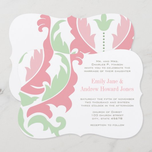 Mint Peach roze en Grey Damask Wedding Invitation Kaart (Voorkant / Achterkant)