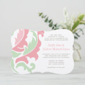 Mint Peach roze en Grey Damask Wedding Invitation Kaart (Staand voorkant)