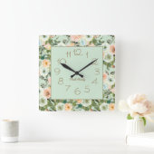 Mint Peach Waterverf Floral Familienaam Vierkante Klok (Huis)