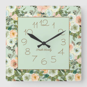 Mint Peach Waterverf Floral Familienaam Vierkante Klok