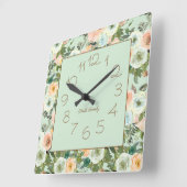 Mint Peach Waterverf Floral Familienaam Vierkante Klok (Hoek)