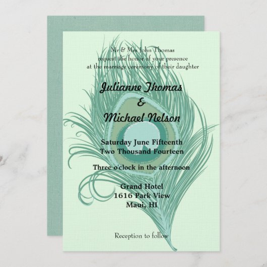 Mint Peacock Feather Bruiloft Kaart (Voorkant / Achterkant)