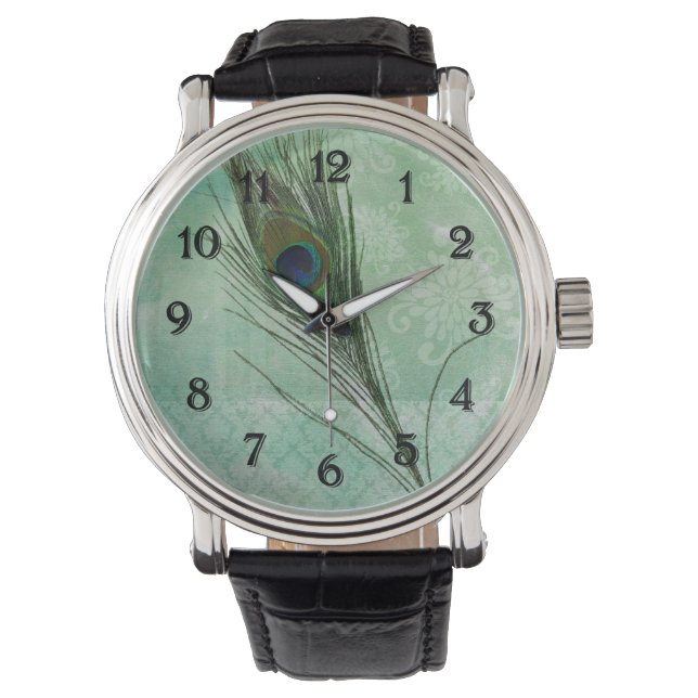 Mint Peacock Feather Horloge (Voorkant)