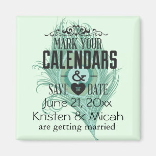 Mint Peacock Feather Save the Date Magneet