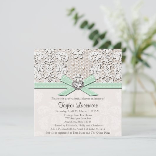 Mint Pearl Lace Diamond Bridal Shower Kaart (Staand voorkant)