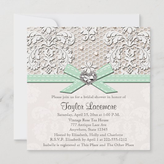 Mint Pearl Lace Diamond Bridal Shower Kaart (Voorkant)