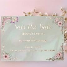  Mint Peony Bruiloft Folie Bewaar de datum kaart