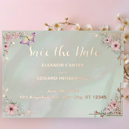  Mint Peony Bruiloft Folie Bewaar de datum kaart