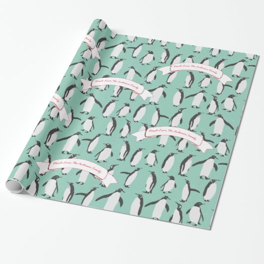 Mint Personalized Patroon Pinguïn Cadeaupapier (Uitgerold)