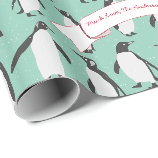 Mint Personalized Patroon Pinguïn Cadeaupapier (Rol Hoek)