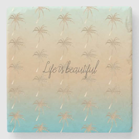 Mint Perzik Aqua Tropische Gouden Palm Bomen Stenen Onderzetter (Voorkant)