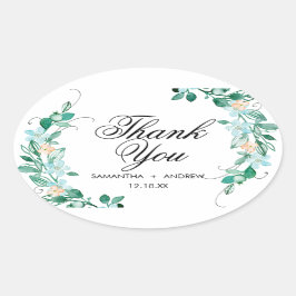 Mint & perzik bloemenkrans bruiloft dank u ovale sticker
