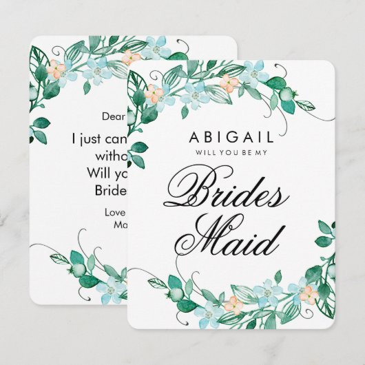 Mint & perzik bloemenkrans zal je bruidsmeisje zij kaart (Voorkant / Achterkant)