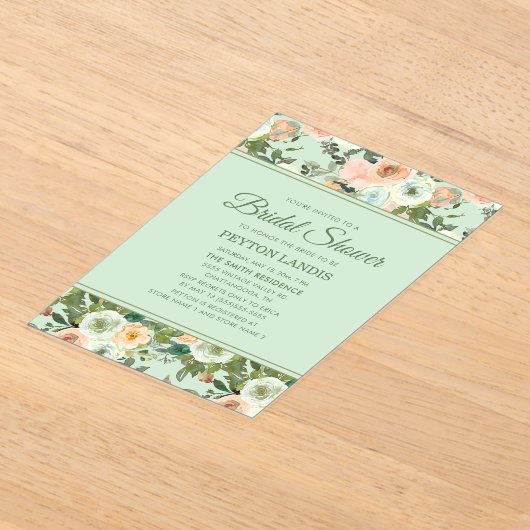 Mint Perzik Waterverf Bloemenboog Vrijgezellenfees Acryl Uitnodigingen (Laagn)