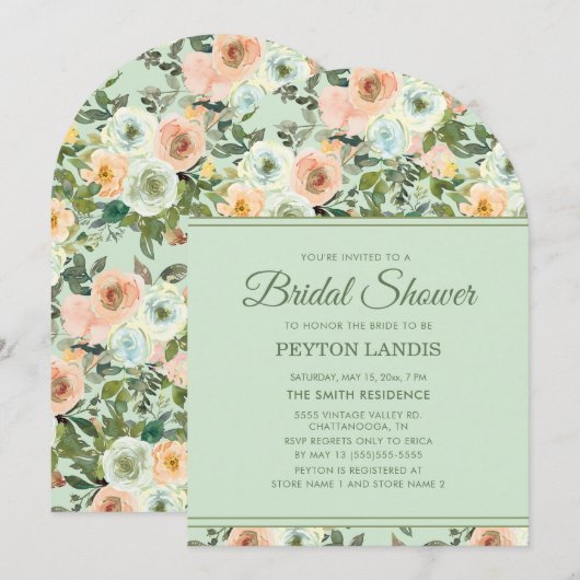 Mint Perzik Waterverf Bloemenboog Vrijgezellenfees Kaart (Voorkant / Achterkant)