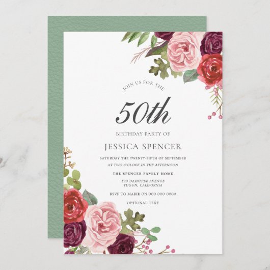 Mint Pink Blush Floral 50th Birthday Party Invite Kaart (Voorkant / Achterkant)