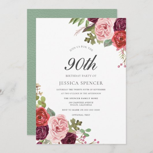 Mint Pink Blush Floral 90th Birthday Party Invite Kaart (Voorkant / Achterkant)