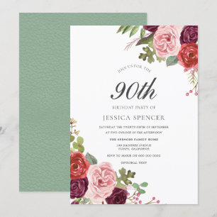 Mint Pink Blush Floral 90th Birthday Party Invite Kaart