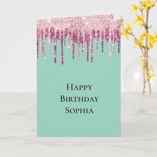 Mint Pink Blush Ice Cream Glitter Druppels Verjaar Kaart (Gele Bloem)