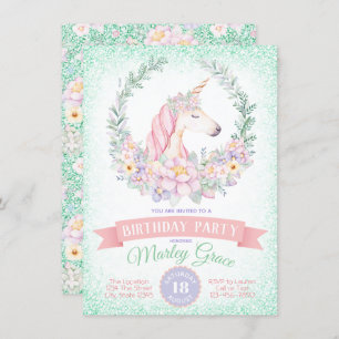 Mint Pink Cute Unicorn Birthday Party Kaart