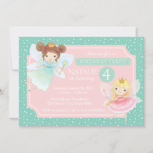 Mint Pink Fairy Princess Birthday Party Invitation Kaart
