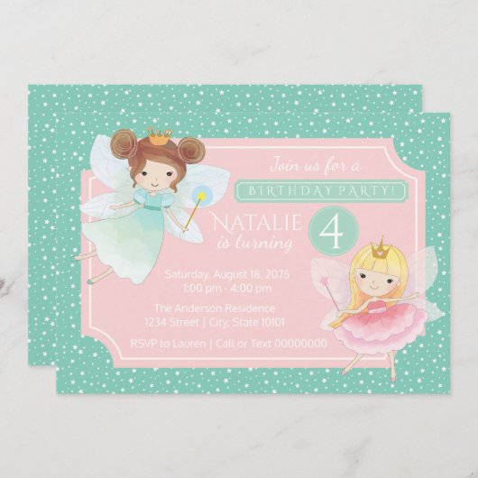 Mint Pink Fairy Princess Verjaardagsfeestje Uitnod Kaart (Voorkant / Achterkant)