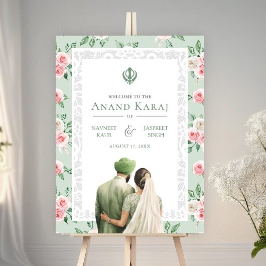 Mint Pink Floral Anand Karaj Bruiloft Welkomstbord Poster
