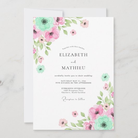 Mint Pink Floral Whimsy Wedding Kaart (Voorkant)