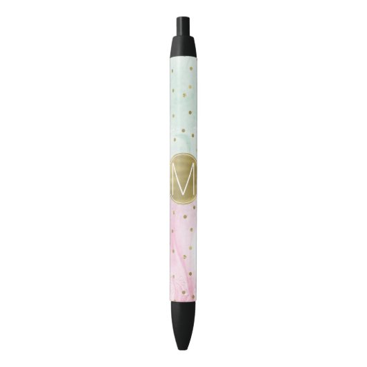 Mint Pink Gold Ombre Confetti Monogram Zwarte Inkt Pen (Voorkant Verticaal)