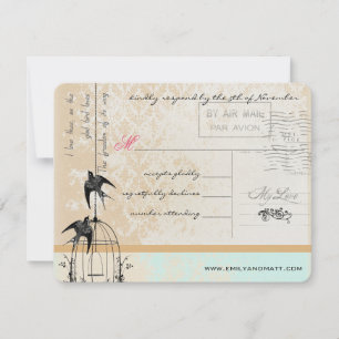 Mint Pink Rich Gold Damask Birdcage Wedding RSVP Kaartje