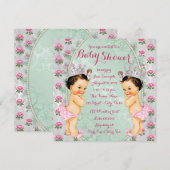 Mint Pink Rose Twin Girl Baby Shower Uitnodigingen (Voorkant / Achterkant)