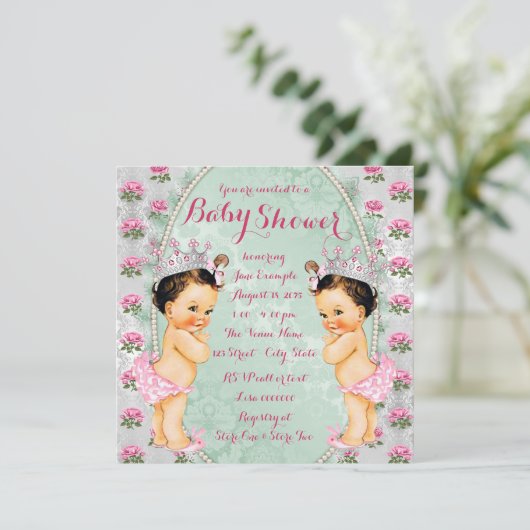 Mint Pink Rose Twin Girl Baby Shower Uitnodigingen (Staand voorkant)