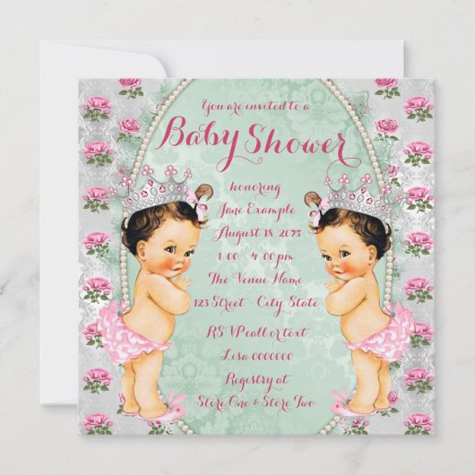 Mint Pink Rose Twin Girl Baby Shower Uitnodigingen (Voorkant)