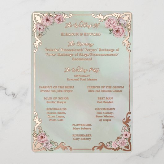  Mint Pioen Bruiloft Folie Programma Kaart (Voorkant)