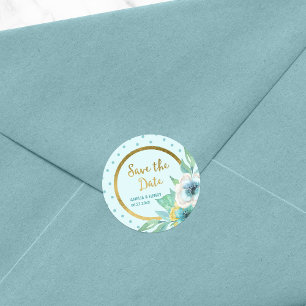 Mint Polka Dot Faux Gold Floral Save the Date Ronde Sticker